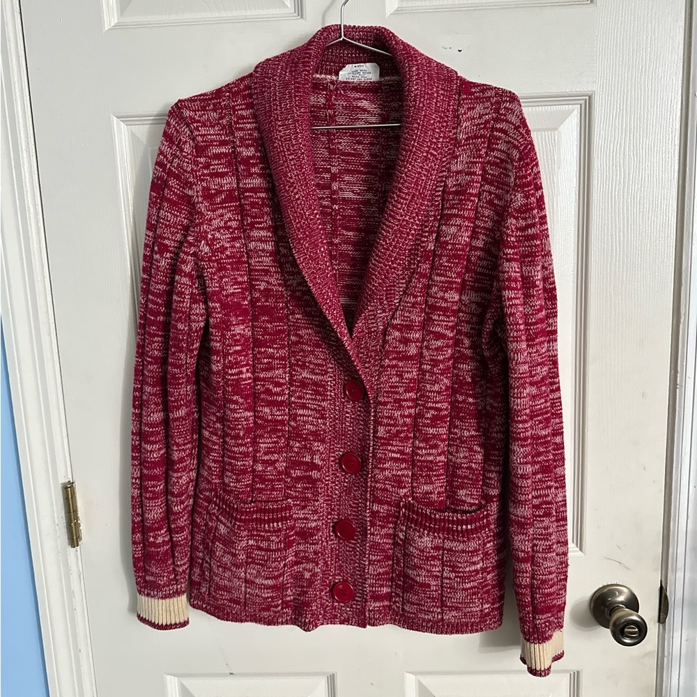 Vtg 70's Kmart Shawl Collar Cardigan Space Dyed Red Acrylic Women's Sz 44 / Med